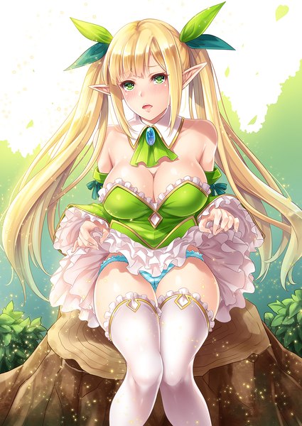 Anime picture 1003x1417 with sennen sensou aigis spica (sennen sensou aigis) makirin single long hair tall image looking at viewer blush fringe breasts open mouth light erotic blonde hair large breasts sitting twintails bare shoulders green eyes payot cleavage