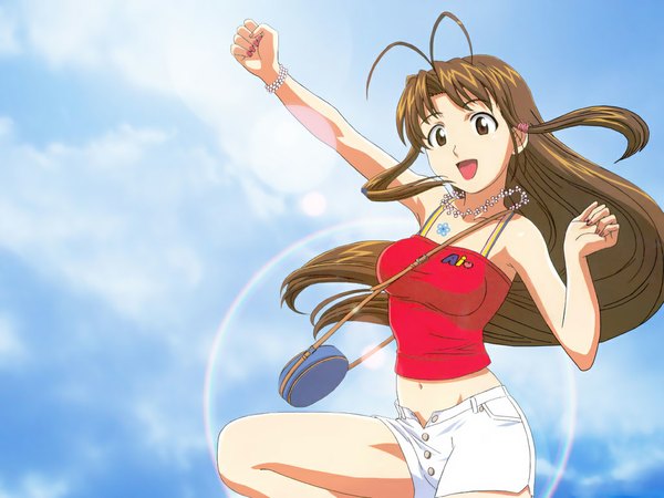 Anime picture 1024x768 with love hina narusegawa naru uno makoto single long hair looking at viewer fringe breasts open mouth brown hair bare shoulders brown eyes payot sky cloud (clouds) ahoge bent knee (knees) nail polish arm up sunlight