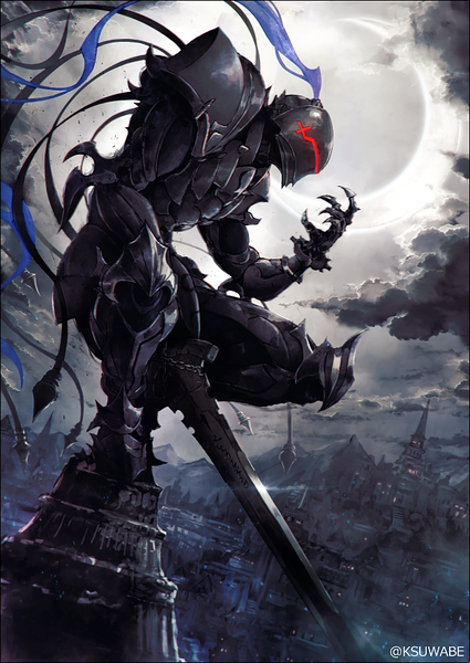 Anime picture 629x888 with fate (series) fate/zero berserker (fate/zero) k-suwabe single tall image holding signed cloud (clouds) full body bent knee (knees) outdoors night night sky twitter username city squat mountain crescent boy