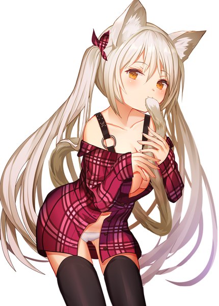Anime picture 1000x1395 with original rk (rktorinegi) single long hair tall image blush fringe breasts light erotic blonde hair hair between eyes standing twintails animal ears yellow eyes tail long sleeves animal tail cat ears off shoulder