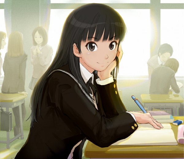 Anime picture 900x782 with amagami ayatsuji tsukasa haitaka long hair looking at viewer fringe black hair smile standing sitting multiple girls looking away indoors pleated skirt black eyes sunlight multiple boys solo focus group head rest