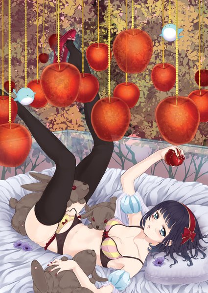 Anime picture 1378x1946 with original mirakuruone (artist) single tall image blush short hair blue eyes light erotic black hair girl thighhighs underwear panties flower (flowers) black thighhighs toy stuffed animal apple