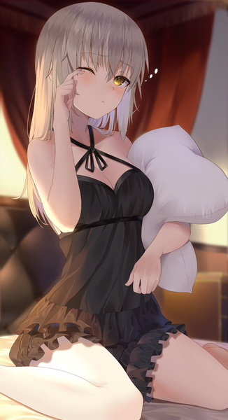 Anime picture 2475x4550 with fate (series) fate/grand order artoria pendragon (all) saber alter jun (aousa0328) single long hair tall image looking at viewer blush fringe highres breasts blonde hair hair between eyes sitting bare shoulders yellow eyes cleavage indoors