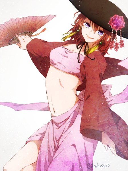 Anime picture 600x800 with akatsuki no yona studio pierrot yona (akatsuki no yona) kanako (knk3510) single tall image looking at viewer short hair blue eyes light erotic simple background smile white background red hair inscription wide sleeves bare belly dancing princess girl