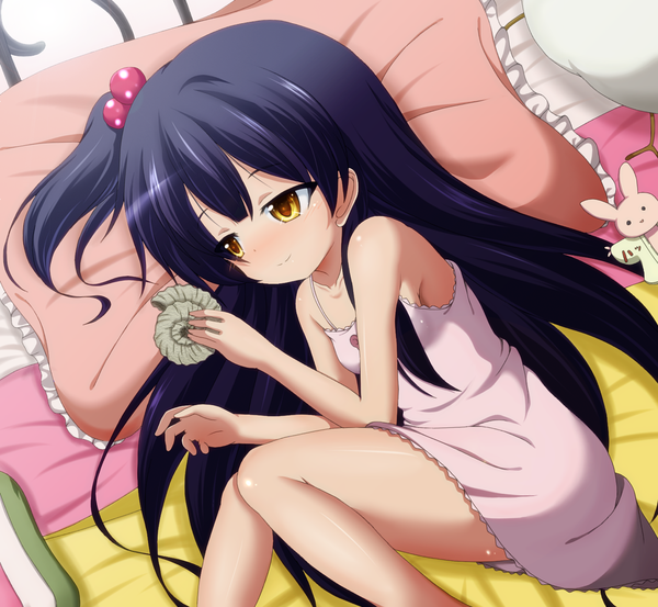 Anime picture 1400x1292 with tamako market kyoto animation kitashirakawa anko dr. cryptoso long hair blush black hair yellow eyes lying loli one side up girl pillow toy stuffed animal