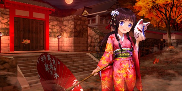 Anime picture 5155x2600 with original mutsuki (moonknives) single long hair looking at viewer blush highres open mouth blue eyes brown hair wide image absurdres traditional clothes hair flower girl hair ornament flower (flowers) plant (plants) tree (trees) leaf (leaves)