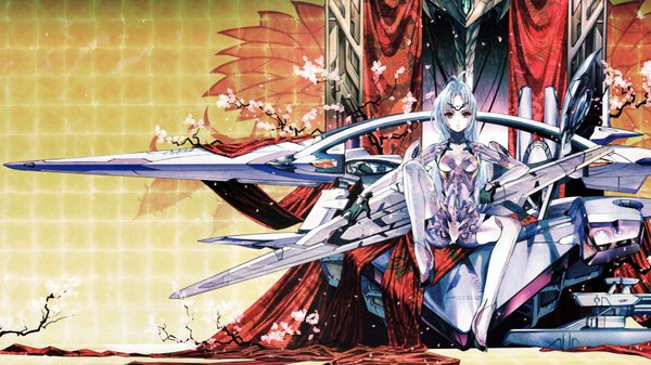 Anime picture 1920x1080 with xenosaga monolith software kos-mos long hair highres red eyes wide image white hair tattoo cherry blossoms girl thighhighs gloves petals white thighhighs roots