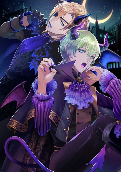 Anime-Bild 1000x1412 mit fire emblem fire emblem: three houses nintendo byleth (fire emblem) dimitri alexandre blaiddyd byleth (male) (fire emblem) enlightened byleth (male) nishikawa (fe) tall image looking at viewer fringe short hair open mouth blue eyes blonde hair hair between eyes green eyes tail long sleeves nail polish