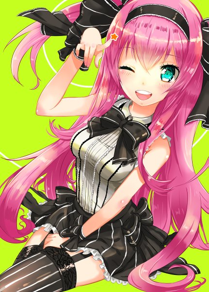 Anime picture 863x1200 with vocaloid megurine luka kanipanda single long hair tall image looking at viewer open mouth simple background sitting bare shoulders pink hair one eye closed aqua eyes from above wink green background girl thighhighs bow