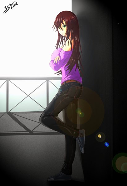 Anime picture 2401x3500 with erucyano single long hair tall image highres breasts brown hair large breasts bare shoulders green eyes crossed arms girl shoes pants