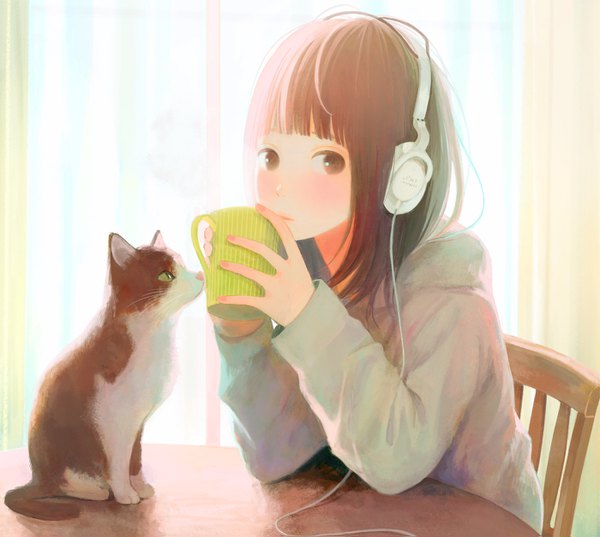 Anime picture 1400x1255 with original nakamura hinata single long hair looking at viewer blush fringe brown hair sitting holding brown eyes upper body indoors blunt bangs long sleeves nail polish parted lips girl animal headphones