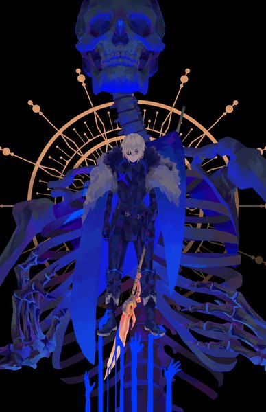 Anime picture 1243x1920 with fire emblem fire emblem: three houses nintendo dimitri alexandre blaiddyd vonnabeee single tall image looking at viewer fringe short hair blue eyes blonde hair hair between eyes standing holding full body fur trim black background skeleton boy