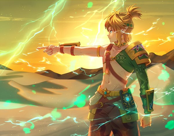 Anime picture 1200x937 with the legend of zelda the legend of zelda: breath of the wild nintendo link natural wind single short hair blue eyes blonde hair looking away ponytail profile pointy ears outstretched arm groin serious electricity desert boy earrings