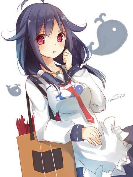 Anime picture 600x800 with kantai collection taigei light aircraft carrier nunucco single long hair tall image blush open mouth white background twintails signed blue hair looking away ahoge pink eyes low twintails girl animal apron bag