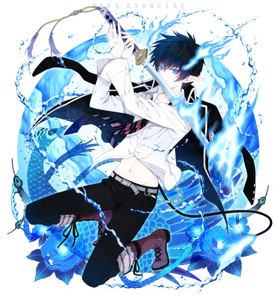 Anime picture 1125x1200 with ao no exorcist a-1 pictures okumura rin yuuno (yukioka) single tall image short hair blue eyes black hair white background tail pointy ears glowing open collar clothes on shoulders aura boy navel uniform flower (flowers)