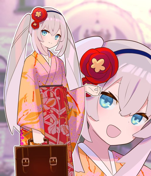 Anime picture 1200x1400 with fate (series) fate/grand order marie antoinette (fate/grand order) zenshin single long hair tall image looking at viewer fringe open mouth blue eyes hair between eyes twintails holding traditional clothes :d japanese clothes hair flower grey hair alternate costume