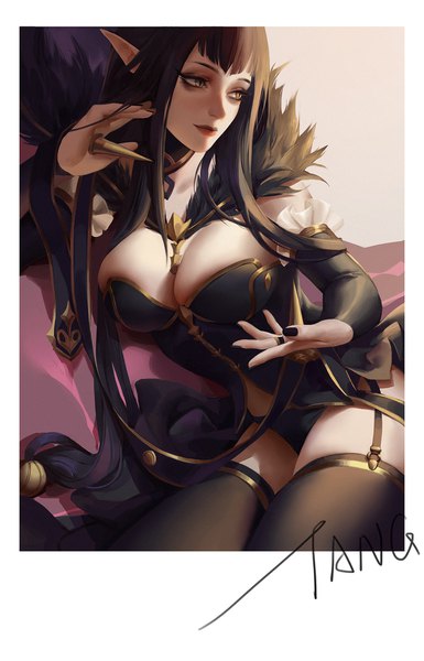 Anime picture 1300x2025 with fate (series) fate/apocrypha semiramis (fate) magi xuan zhi xiao pangxie single tall image breasts light erotic black hair large breasts sitting signed yellow eyes looking away cleavage very long hair nail polish pointy ears fur trim slit pupils