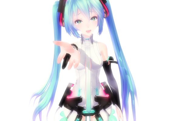 Anime-Bild 2000x1333 mit vocaloid hatsune miku long hair fringe highres open mouth simple background white background twintails green eyes aqua hair tears girl detached sleeves headphones