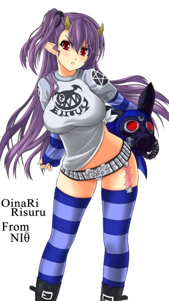 Anime picture 1350x2400 with the seven deadly sins leviathan (the seven deadly sins) oinari risuru single long hair tall image looking at viewer blush breasts light erotic simple background red eyes large breasts white background purple hair horn (horns) pointy ears no panties side ponytail girl