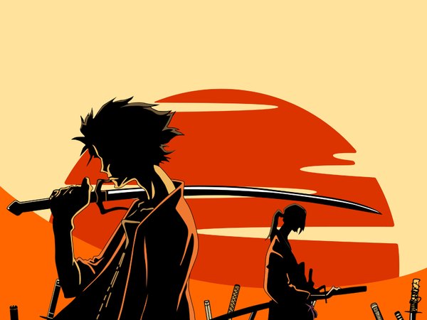 Anime picture 1600x1200 with samurai champloo mugen (samurai champloo) jinnosuke weapon over shoulder polychromatic high contrast boy weapon sword