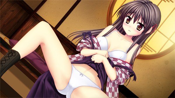 Anime picture 1280x720 with sakura sakimashita karasuma miyako akizuki tsukasa long hair blush light erotic black hair wide image yellow eyes game cg girl underwear panties lingerie bra white panties white bra