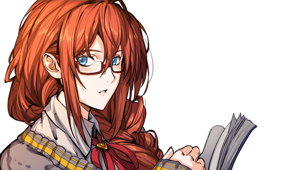 Anime picture 1534x868 with original ryuuzaki ichi single long hair looking at viewer fringe blue eyes brown hair wide image holding braid (braids) transparent background girl bow shirt glasses book (books)