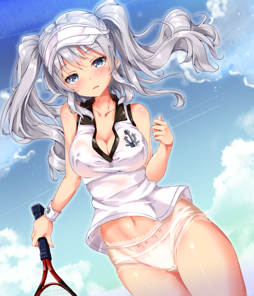 Anime picture 1029x1200 with kantai collection kashima training cruiser fukuda shuushi single long hair tall image looking at viewer blush blue eyes light erotic standing twintails bare shoulders payot sky cleavage silver hair cloud (clouds) parted lips wind