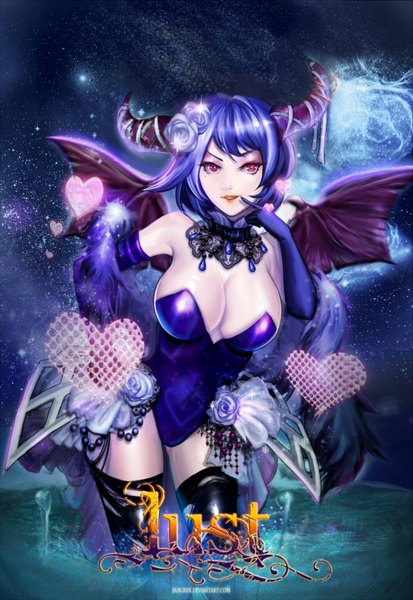 Anime picture 1024x1488 with the seven deadly sins (sangrde artist) original lust (sangrde artist) sangrde single tall image short hair breasts light erotic large breasts blue hair looking away pink eyes horn (horns) mole mole under eye finger to mouth bat wings girl wings