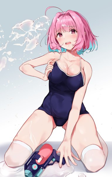 Anime picture 3700x5808 with idolmaster idolmaster cinderella girls yumemi riamu lv.p single tall image looking at viewer blush fringe highres short hair breasts open mouth light erotic simple background hair between eyes large breasts bare shoulders pink hair absurdres