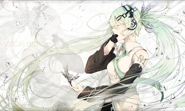 Anime picture 2011x1204 with vocaloid hatsune miku marumoru single highres open mouth wide image eyes closed very long hair green hair inscription tattoo hand on head singing girl hair ornament detached sleeves necktie headphones vest