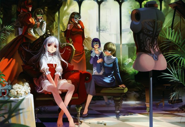 Anime picture 3500x2410 with sound horizon elysion pixiv girls collection elice (sound horizon) yield soror stardust baroque sacrifice alphonse (white datura) long hair highres short hair red eyes brown hair sitting multiple girls absurdres silver hair purple hair