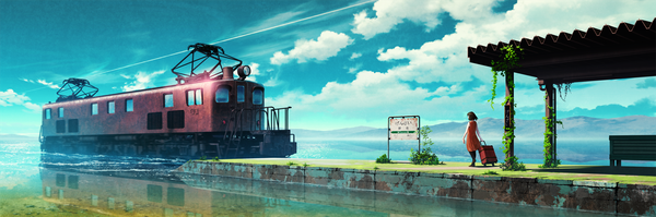 Anime picture 1900x632 with original mocha (cotton) short hair open mouth wide image holding sky cloud (clouds) sunlight shadow reflection condensation trail girl dress plant (plants) train train station