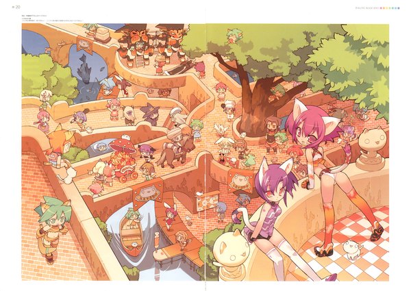 Anime picture 3241x2300 with highres light erotic smile red eyes green eyes animal ears pink hair purple hair ass tail green hair scan cat girl bunny girl chibi skin tight girl thighhighs plant (plants) tree (trees)