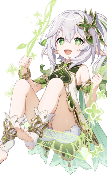 Anime picture 2899x5000 with genshin impact nahida (genshin impact) misyune single long hair tall image fringe highres open mouth light erotic simple background hair between eyes white background green eyes silver hair full body :d pointy ears side ponytail symbol-shaped pupils