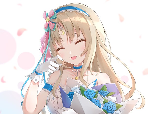 Anime picture 1400x1080 with virtual youtuber hololive hololive china civia kebin no shio amaou single long hair open mouth blonde hair white background bare shoulders upper body eyes closed horn (horns) ^ ^ girl gloves flower (flowers) choker white gloves