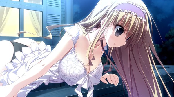 Anime picture 1280x720 with himawari no kyoukai to nagai natsuyasumi oboshiro daiya single long hair blush breasts open mouth blue eyes light erotic blonde hair wide image large breasts bare shoulders game cg girl underwear panties hairband