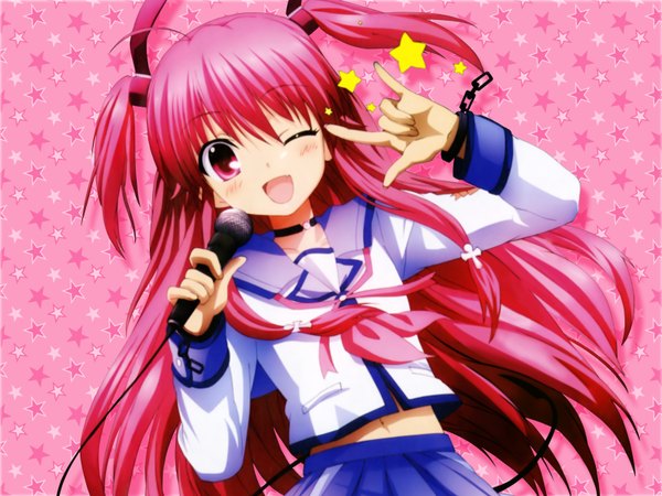 Anime picture 1600x1200 with angel beats! key (studio) yui (angel beats!) single long hair open mouth pink hair braid (braids) one eye closed pink eyes wink two side up twin braids pink background ;d mmm girl uniform school uniform star (symbol)