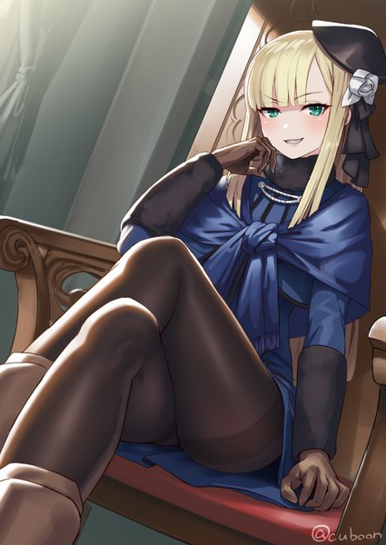 Anime picture 627x885 with fate (series) fate/grand order lord el-melloi ii case files reines el-melloi archisorte mismi single long hair tall image looking at viewer blush fringe light erotic blonde hair smile sitting signed payot indoors blunt bangs long sleeves