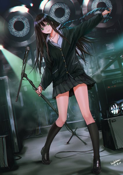 Anime picture 1000x1415 with idolmaster idolmaster cinderella girls shibuya rin infukun single long hair tall image looking at viewer fringe open mouth black hair smile holding green eyes signed full body head tilt pleated skirt grin outstretched arm