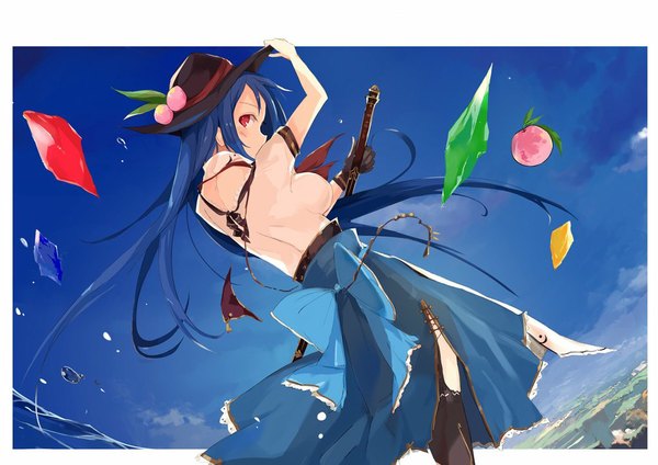 Anime picture 1023x723 with touhou hinanawi tenshi tetsurou (fe+) single long hair looking at viewer blush breasts light erotic red eyes large breasts standing holding blue hair sky cloud (clouds) outdoors profile looking back arm up