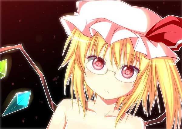 Anime picture 1000x714 with touhou flandre scarlet rioshi single looking at viewer short hair blonde hair red eyes bare shoulders bespectacled girl wings glasses bonnet