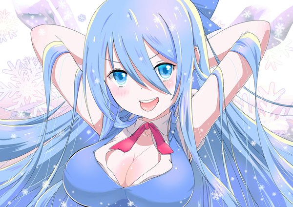 Anime picture 1130x800 with touhou cirno yamada ranga single long hair blush fringe breasts open mouth blue eyes hair between eyes large breasts blue hair cleavage snowing alternate hairstyle alternate hair length girl bow hair bow