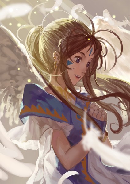 Anime picture 886x1253 with aa megami-sama anime international company belldandy nanaya (daaijianglin) single long hair tall image blue eyes brown hair looking away ponytail sunlight angel wings face paint girl gloves wings bracelet fingerless gloves feather (feathers)