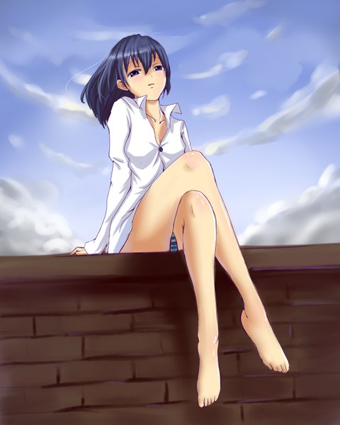 Anime picture 2362x2952 with hikari123456 single tall image highres short hair open mouth blue eyes light erotic sitting blue hair barefoot open clothes open shirt crossed legs cameltoe girl underwear panties