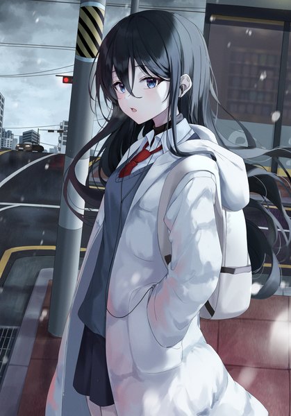 Anime picture 1791x2562 with original ekina (1217) single long hair tall image looking at viewer blush fringe highres open mouth blue eyes black hair hair between eyes standing sky outdoors wind open clothes :o snowing