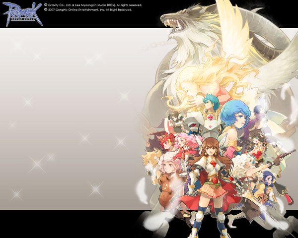 Anime picture 1280x1024 with ragnarok online high priest high wizard lord knight sniper (ragnarok online) gypsy (ragnarok online) soul linker gunslinger long hair looking at viewer short hair breasts open mouth blue eyes black hair simple background blonde hair red eyes brown hair bare shoulders