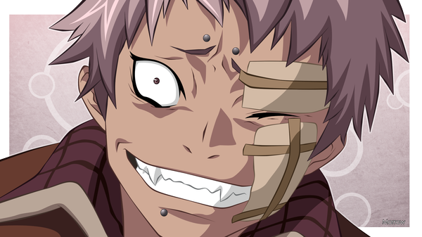 Anime picture 2200x1237 with ao no exorcist a-1 pictures shiratori reiji morrow single highres short hair simple background smile wide image purple eyes one eye closed grey hair wink teeth fang (fangs) grin piercing portrait face