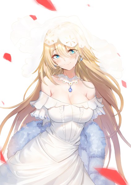 Anime picture 2480x3508 with girls frontline g36 (girls frontline) greem bang single long hair tall image looking at viewer blush fringe highres breasts blue eyes simple background blonde hair hair between eyes large breasts white background cleavage head tilt sparkle