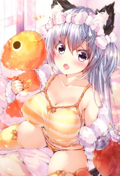 Anime picture 1027x1500 with original oziko (ojitcha) ojitcha single long hair tall image looking at viewer blush fringe breasts open mouth light erotic hair between eyes large breasts sitting purple eyes animal ears payot cleavage grey hair