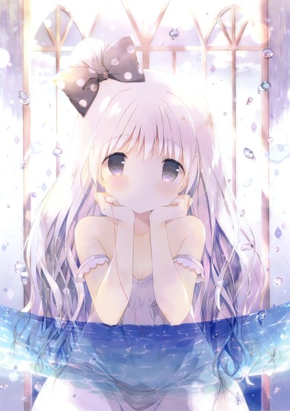 Anime picture 2331x3300 with original eshi 100-nin ten shiratama (shiratamaco) single tall image looking at viewer blush highres white hair scan official art grey eyes girl bow hair bow water sundress bubble (bubbles)